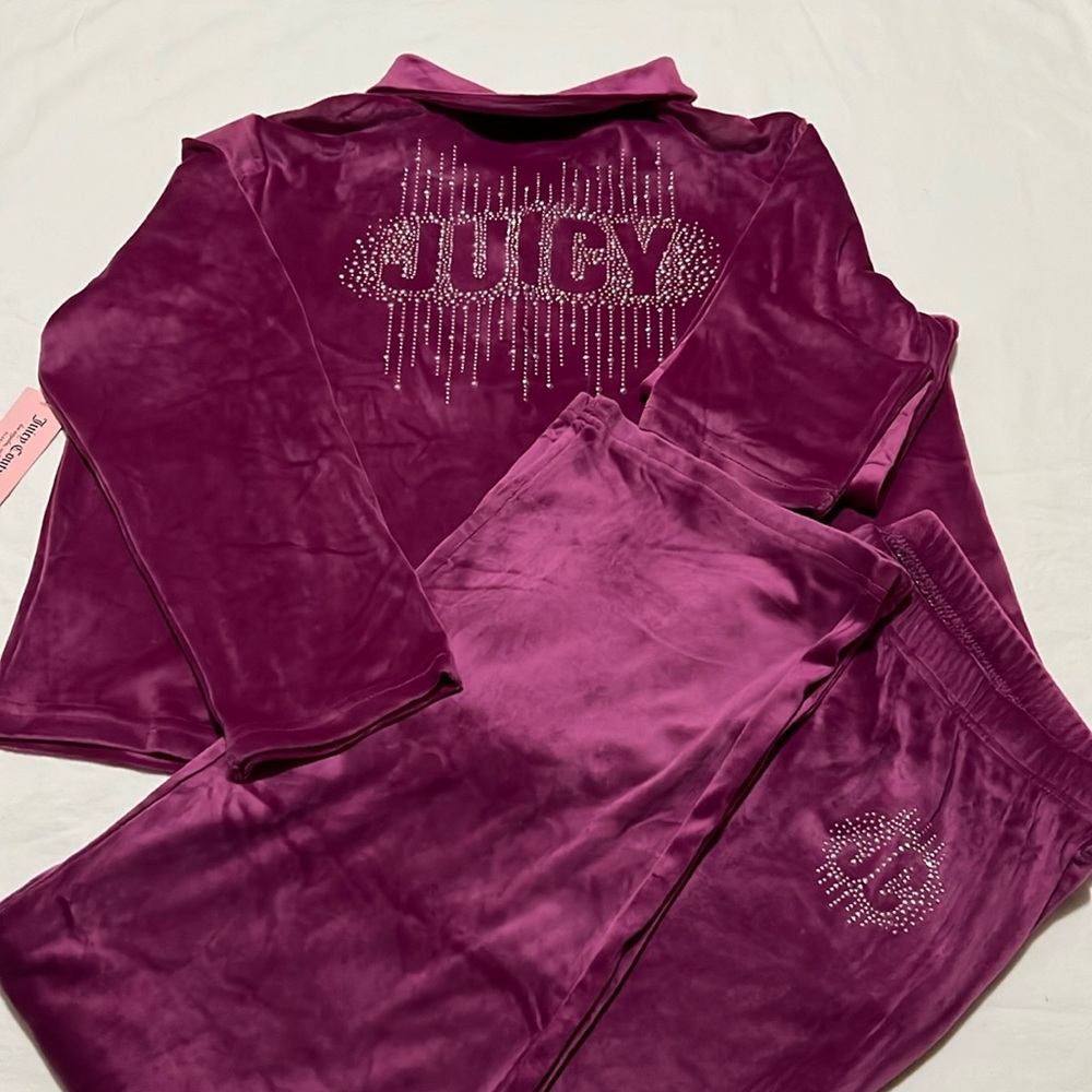 Juicy Couture Sleepwear Loungewear Raspberry Velour Long Sleeve Top & Wide Pants